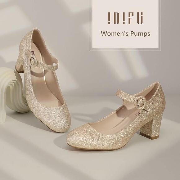IDIFU Womens 10 Gold Glitter Candy Mary Jane 2.5" Block Heel Closed Toe Shoes - Picture 4 of 6